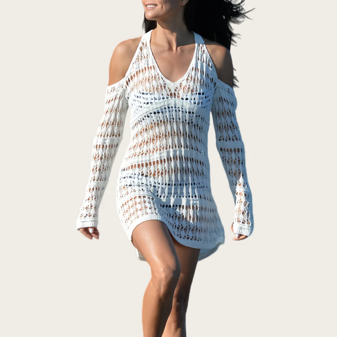 Beachwear White Crochet Cold Shoulder Cover Up Women Long Sleeve Swimsuit Cover Up Beach Dress for Summer Vacation