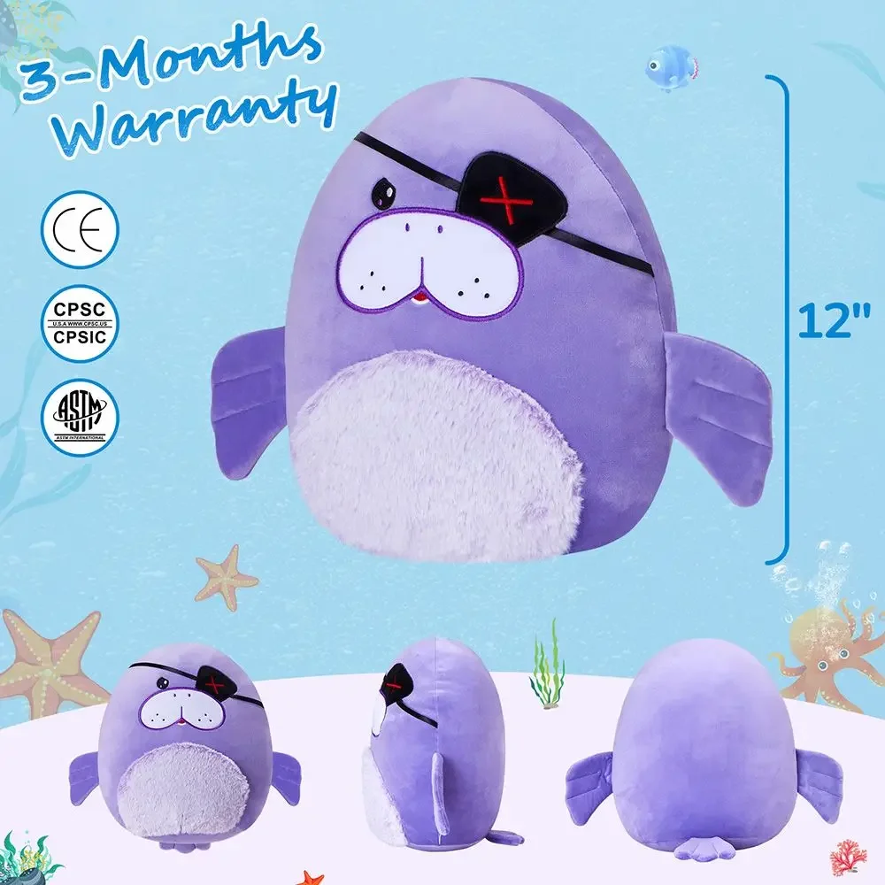 30cm Stuffed Manatee Pirate Throw Pillows Cute Kawaii Cartoon Ocean Animals Doll Purple Pirate Sea Cow Birthday Gift for Girls