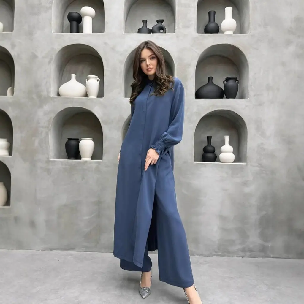 

Женская модная рубашка с несколькими пуговицами и длинным рукавом с разрезом на воротнике и прямые брюки, комплект из двух предметов, повседневный новый стиль