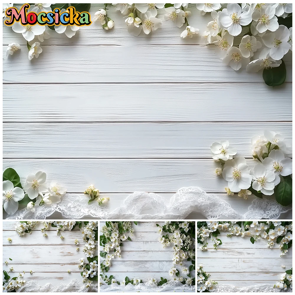Mocsicka White Jasmine Floral Wood Plank Photography Backdrop Wedding Flower Photo Background Newborn Portrait Flat Lay Shooting