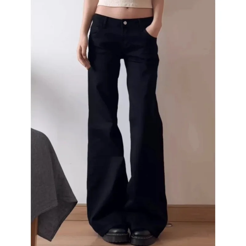 Botvotee Y2K noir taille basse jean évasé lavé Vintage décontracté minimaliste Denim pantalon Grunge couleur unie rue rétro pantalon