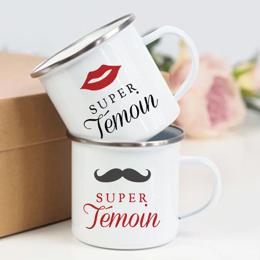Super Temoin-Tasse émaillée imprimée française, tasse à café, fête d'enterrement de vie de jeune fille, demoiselle d'honneur, meilleurs hommes, camping, cadeaux de mariage pour témoin