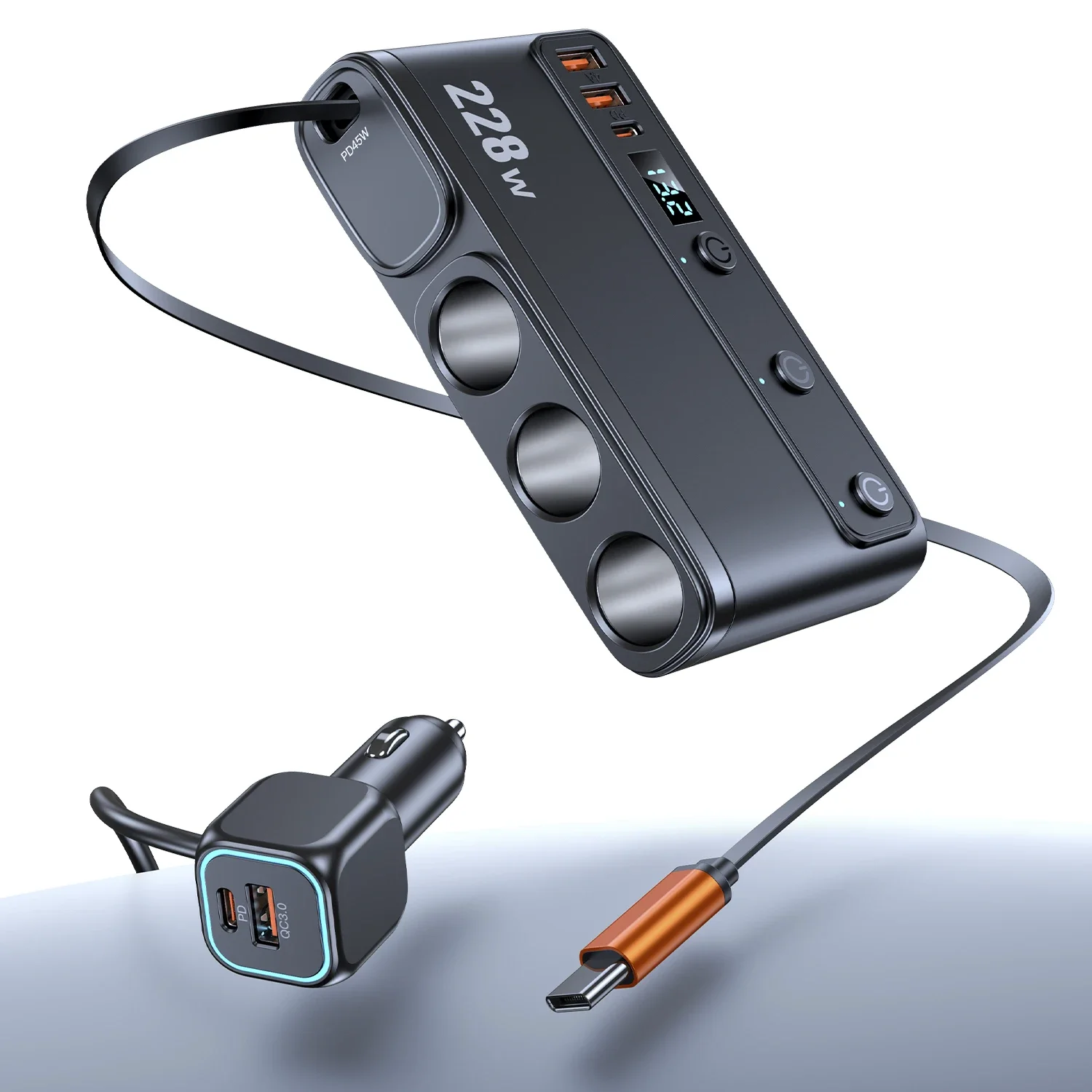 228W 9-in-1 Auto-Ladegerät-Adapter mit unabhängigen Schaltern 12V 24V PD45W Schnellladebuchse Zigarettenanzünder-Splitter – Detail 9