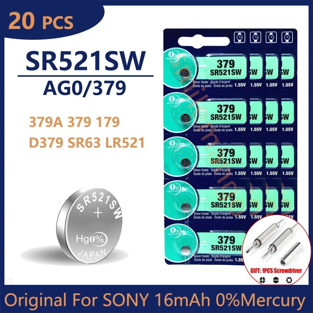 

20PCS Original For SONY LR521 AG0 Button Batteries SR521SW 379A 379 179 D379 SR63 Alkaline Coin Cell Silver OxideWatch Battery