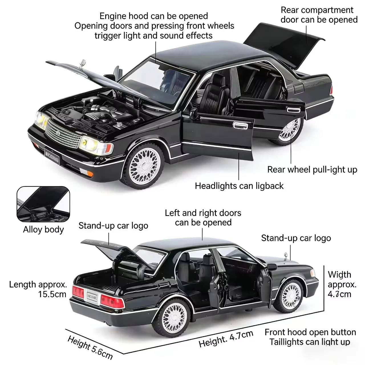 Voiture jouet moulée sous pression en alliage Crown Sedan 1:32, avec son et lumière, fonction de traction, portes ouvrantes, modèle réaliste pour enfants