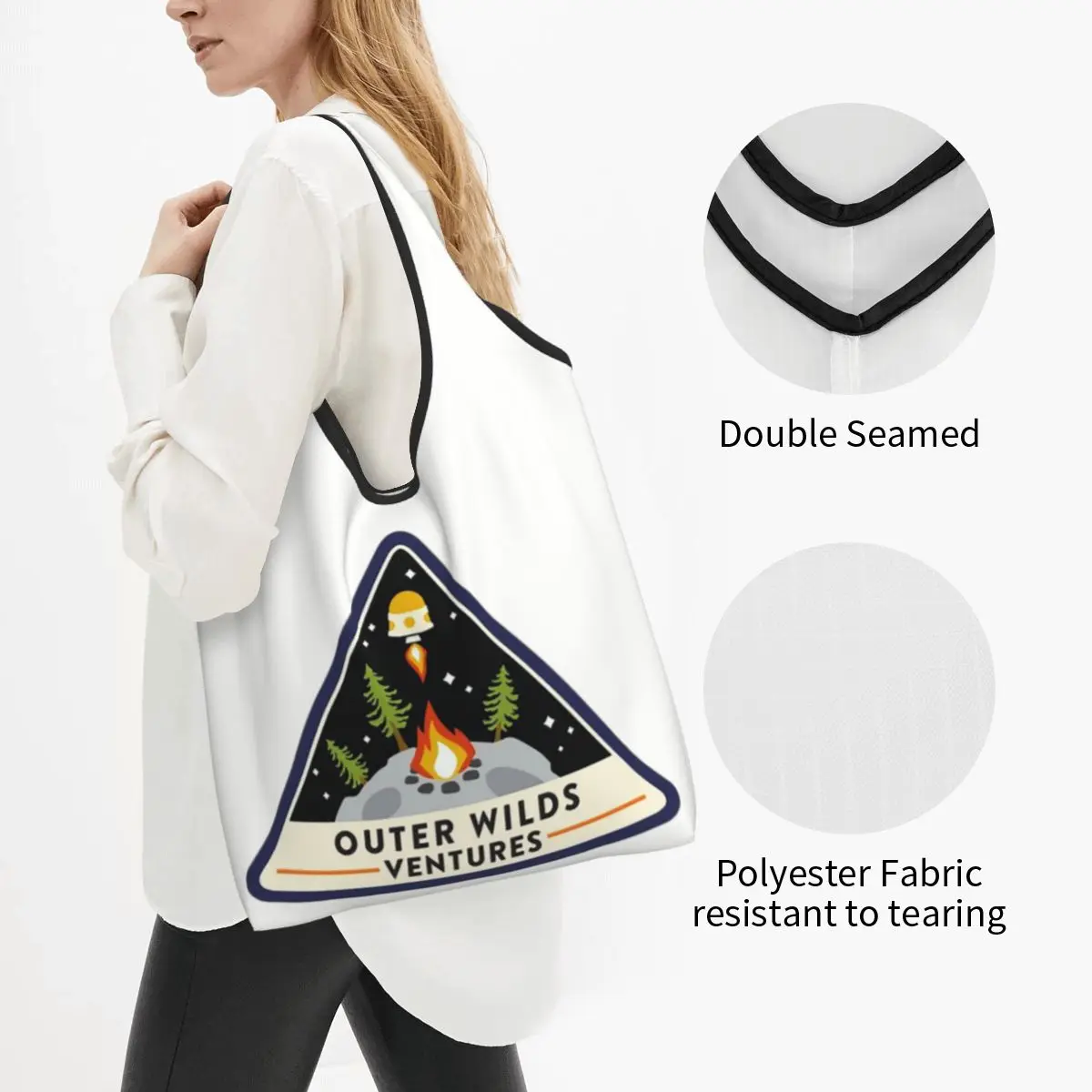 Outer Wilds Ventures Patch Portable Tote Shopping Bags Foldable Shopper Bag Groceries Handbag Shoulder Bag