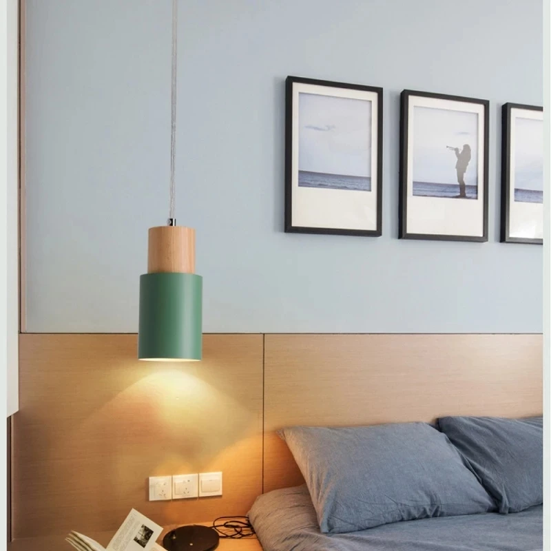 Creative Bedroom Bedside Macaron Small Wood Pendant Lamp E27 Bulb Chandeliers Simple Dining Bar Living Room Straight Chandelier