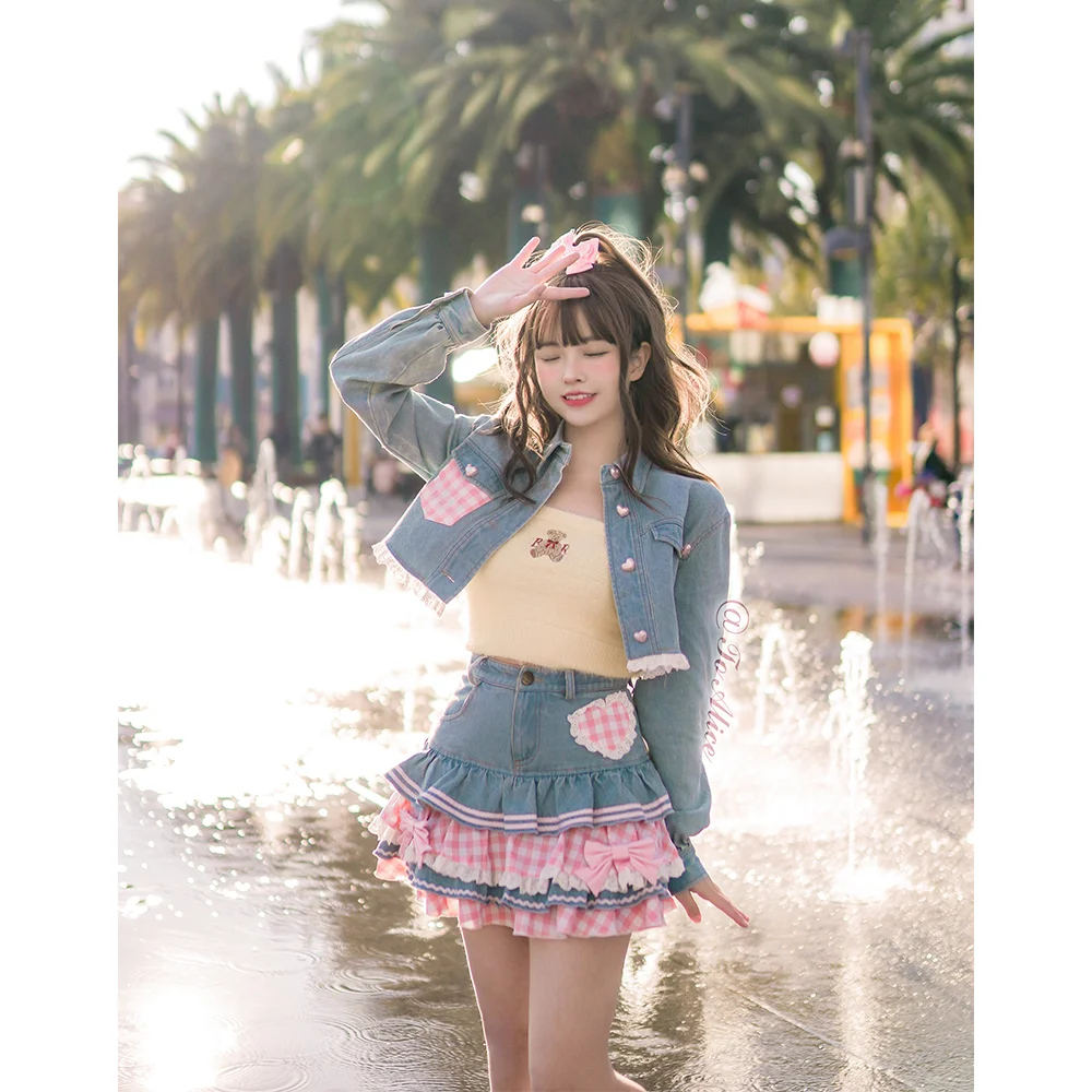 Lolita Kawaii Skirts Japanese Sweet Mini Women Harajuku Cute Ball Gown Denim Skater High Waist Lace Cake Skirts Lotus Leaf Edge