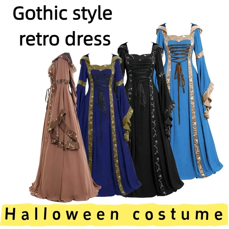 

European American Medieval Vintage Hooded Dress with Flared Skirt for Cosplay Events Historical Reenactments Themed Parties