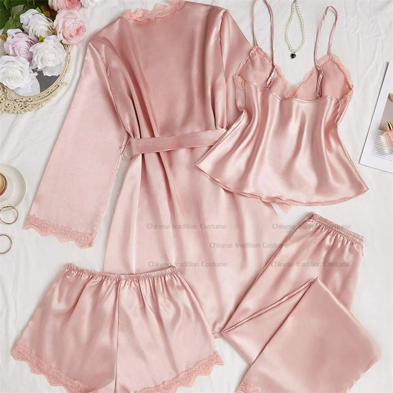 Pink 4Pcs Lace Patchwork Silk Imitation Set Women Pajama Suit Sexy Camisole Shorts Pants Robe Summer New Pijama Mujer Loungewear