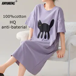 100% COTTON!  Summer Women New Cartoon Nightgown Brand New Anti-bacterial HQ Nightdress Short Sleeves Sleepshirt Casual Dress