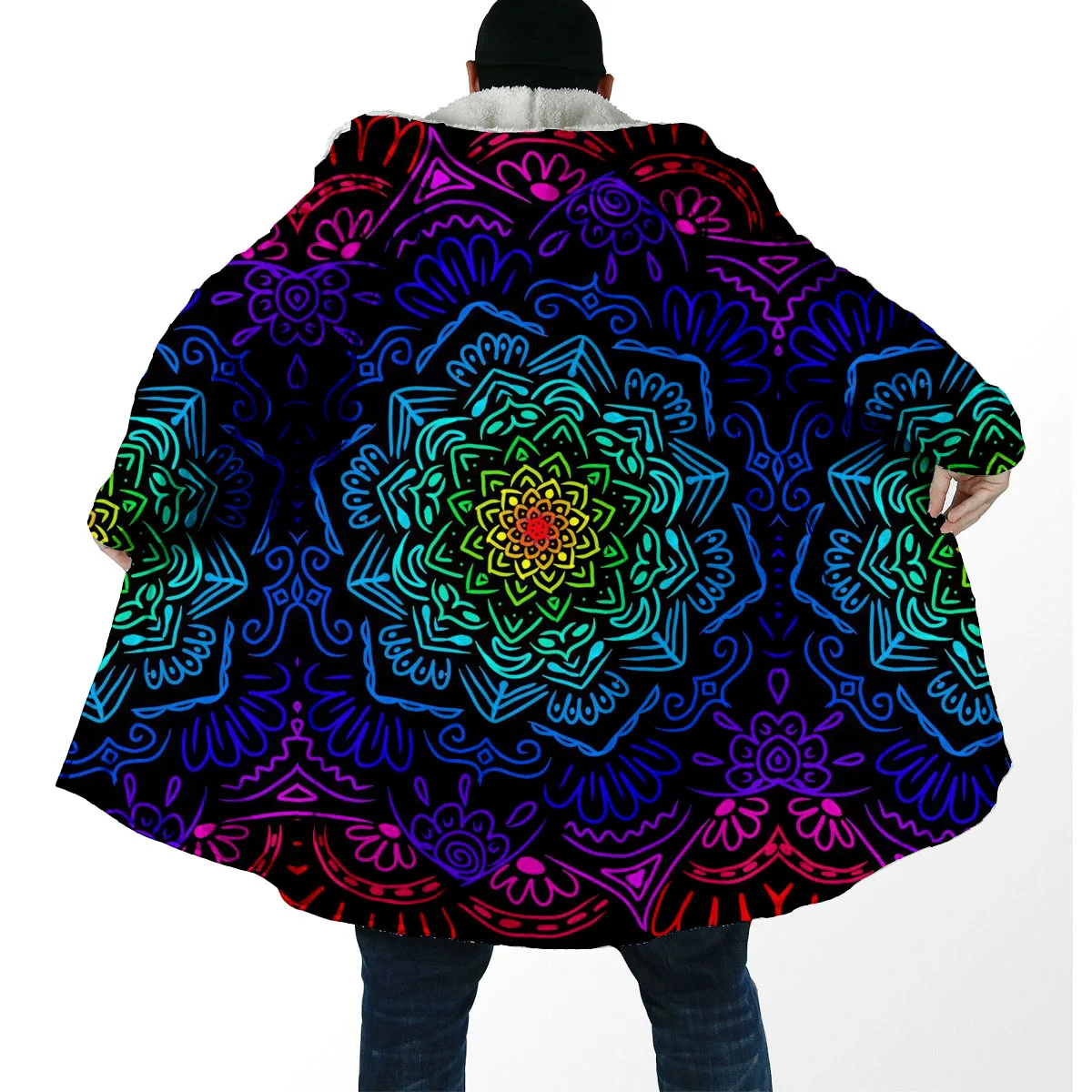 Hippie Psychedelic Colorful Trippy Art Thick Warm Hooded Cloak Men Overcoat Coat Windproof Fleece Cape Robe Hooded Blanket-8