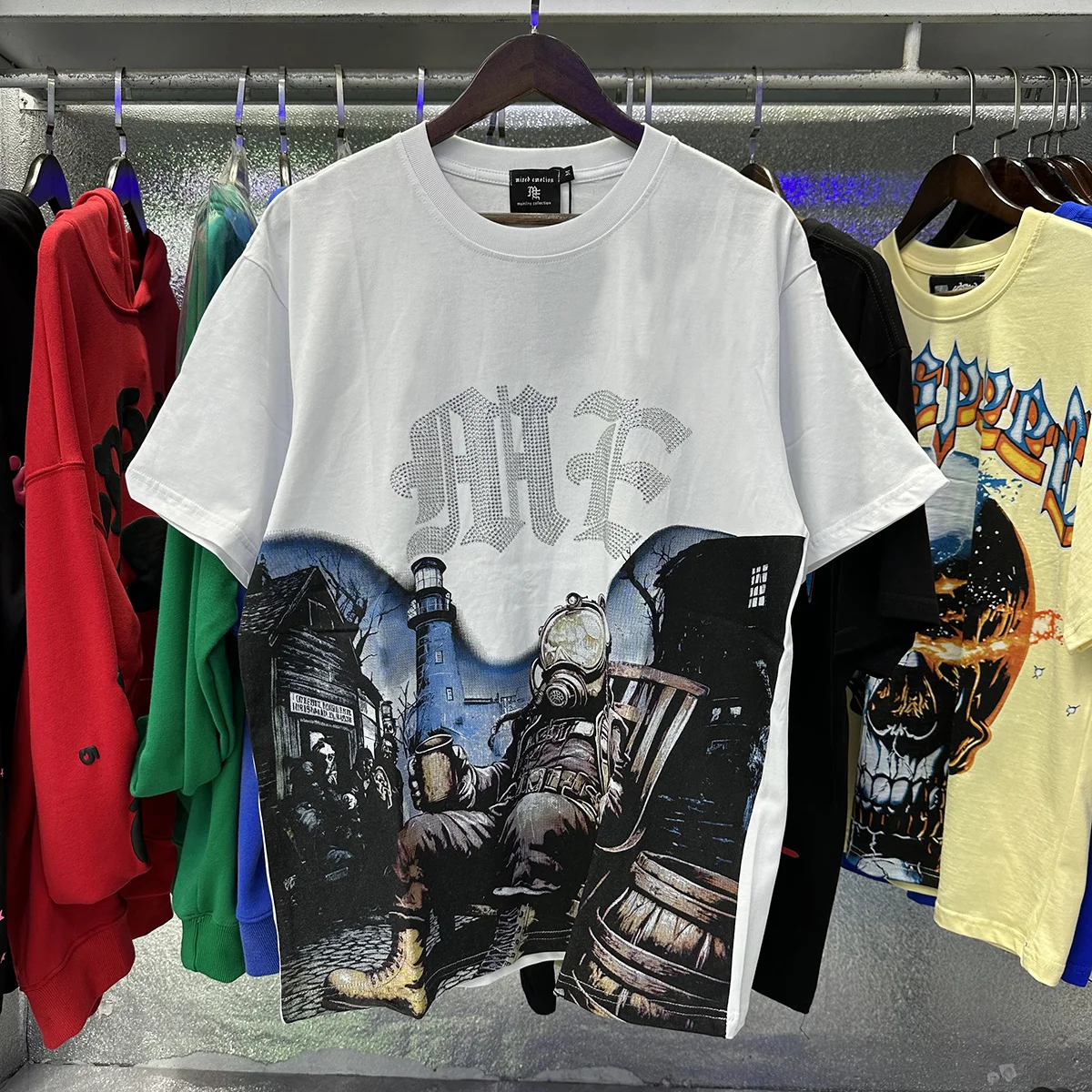 Mixed Emotion American Trendy Astronaut Print Rhinestone INS Rock Hip Hop Pure Cotton Short Sleeve T-Shirt Street Style City ...