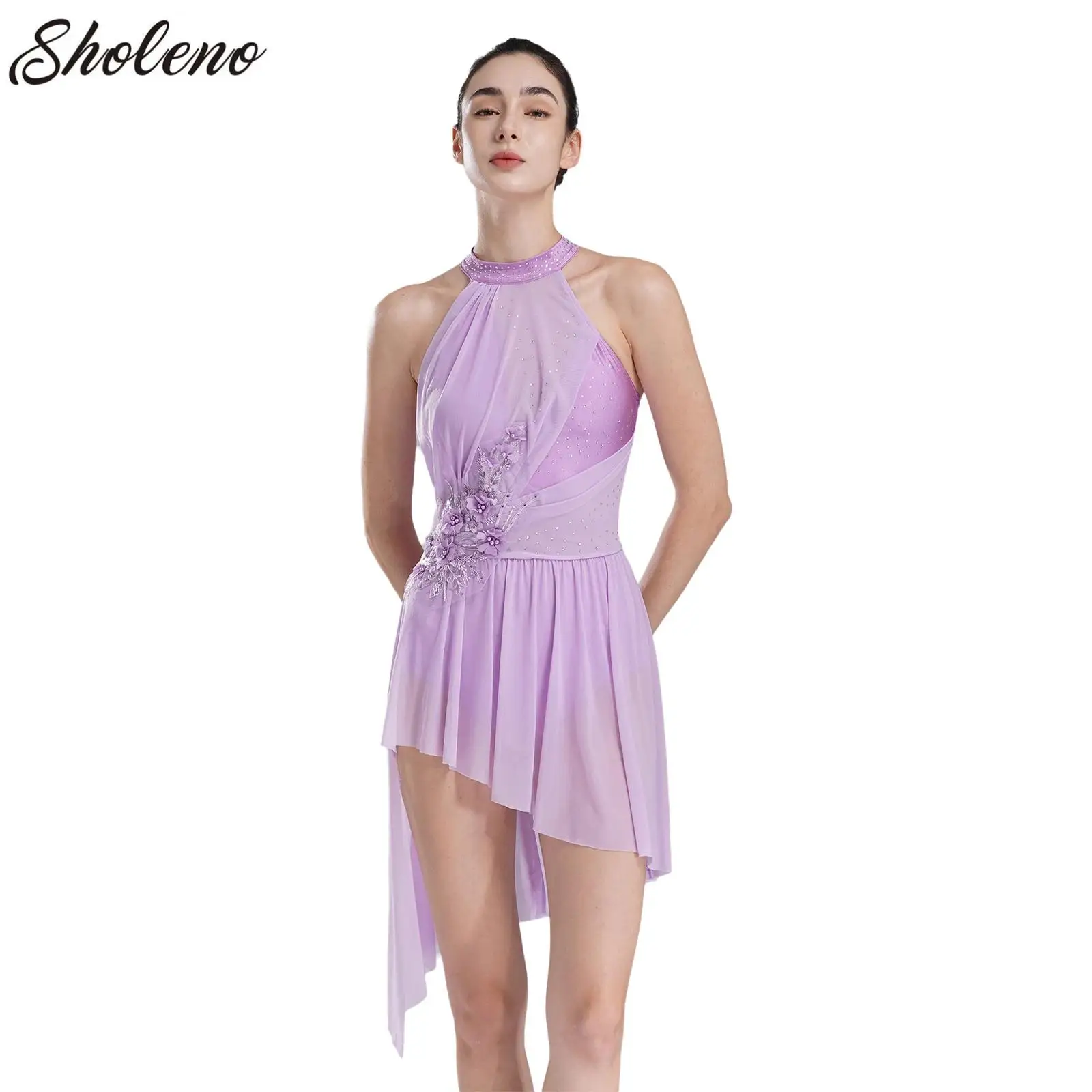 Applique Womens Gymnastic Lyrical Leotard Dress Sleeveless Rhinestones Ballet Figure Skating Dance Skirt Performance Costume