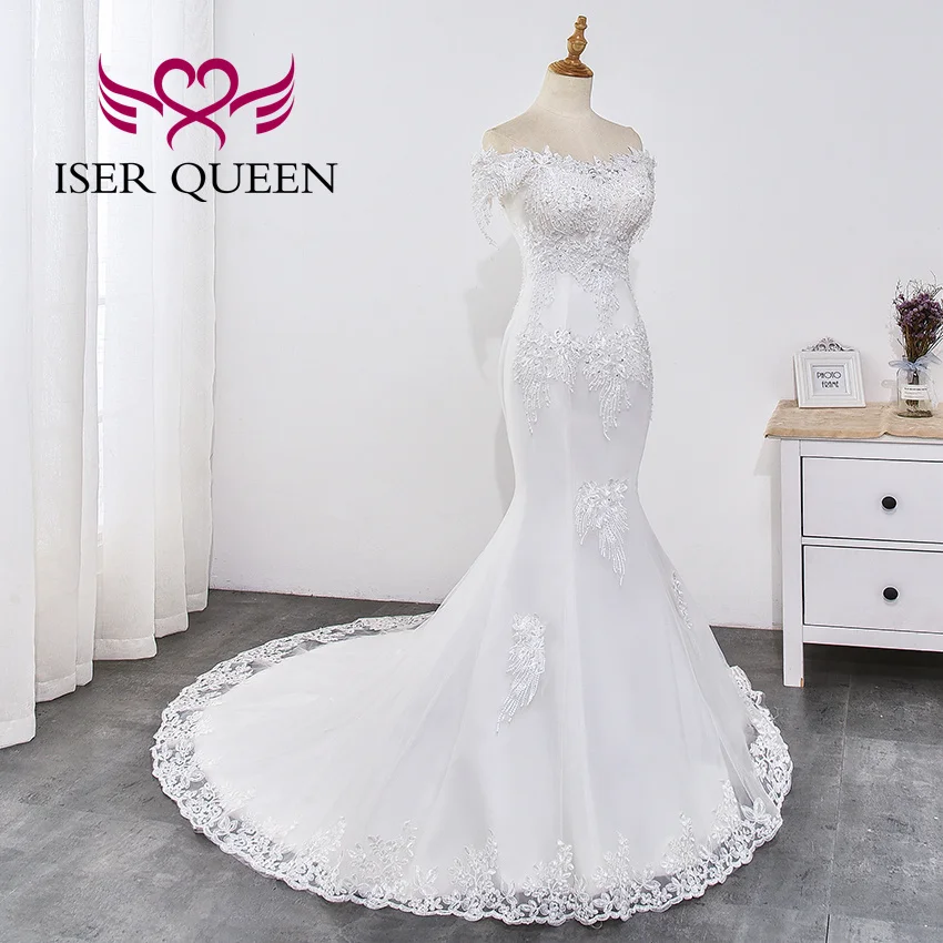 تخصيص الدانتيل يزين بسيط أنيق حورية البحر فساتين الزفاف قبالة الكتف قصيرة الأكمام بالإضافة إلى حجم فستان الزفاف WX0032