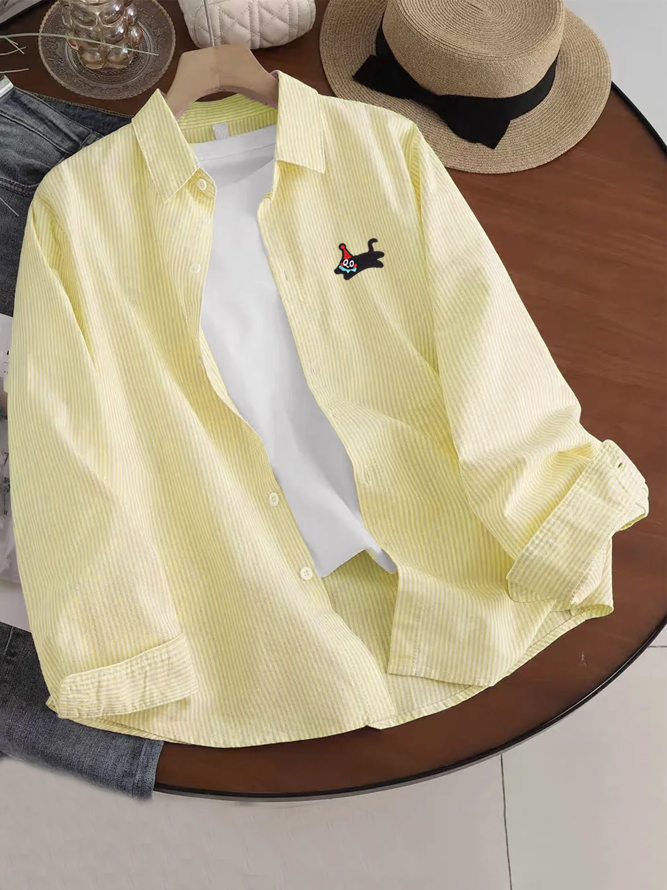 

Cartoon Fun Little Cat Pattern Thin Striped Long-Sleeve Shirt, Spring and Autumn Trendy Men's Versatile Casual Simple Shirt