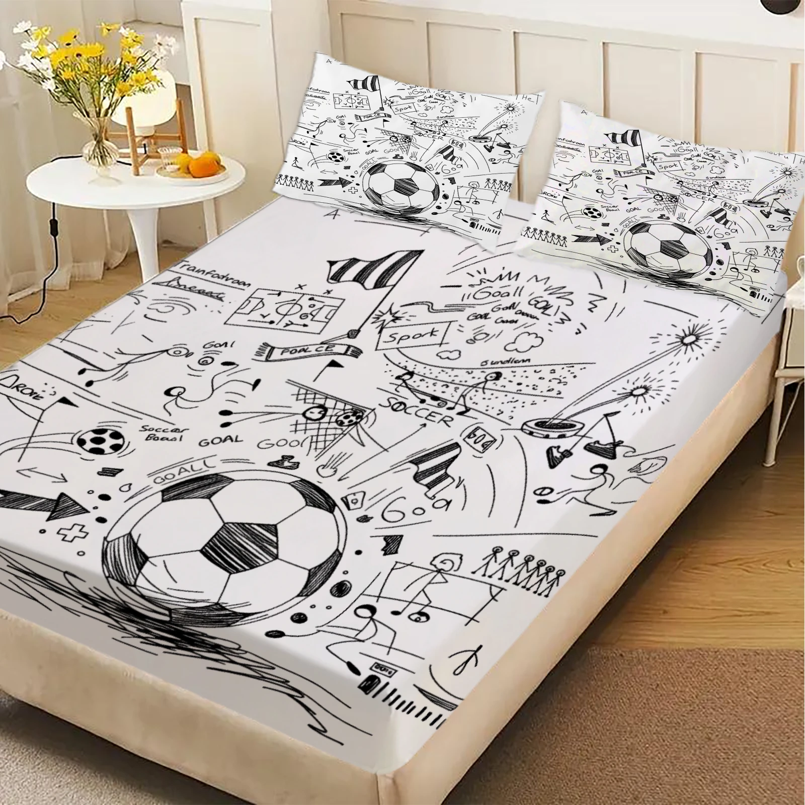 1pc Soccer Doodle Fitted Sheet Football Sketch Print Deep Pocket Elastic Mattress Cover No Pillowcase Twin Full Queen Bedding