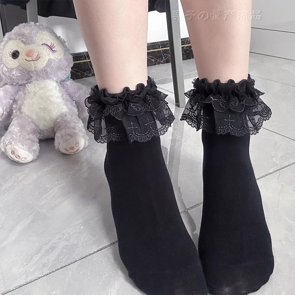 Lolita multi-layer lace calf socks spring and autumn cotton stockings JK white cute bow socks for women's sock