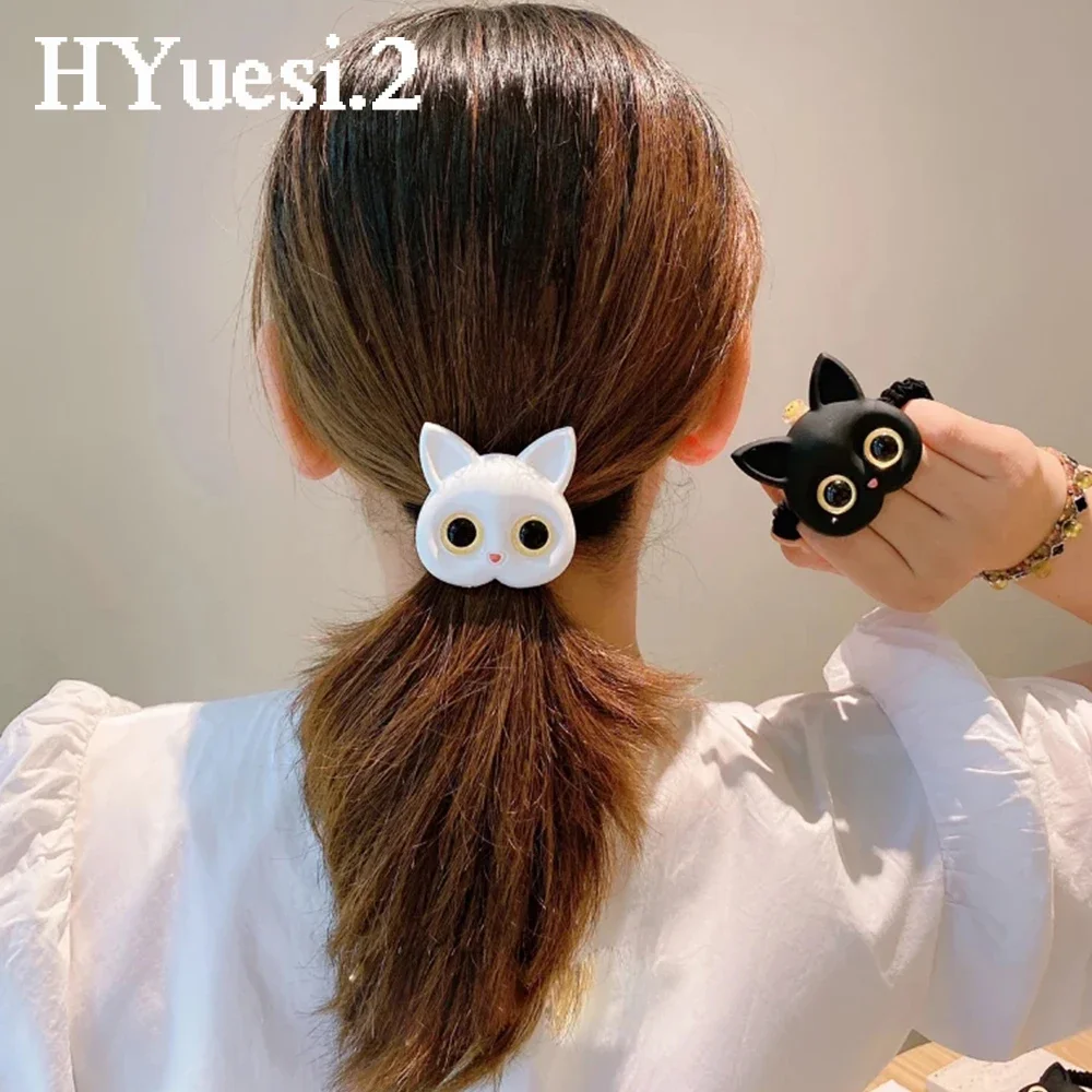 Baby Cartoon Black White Cat Hair Bands Children Elastic Ponytail Holder Rubber Bands Women Hairband Summer Headwear