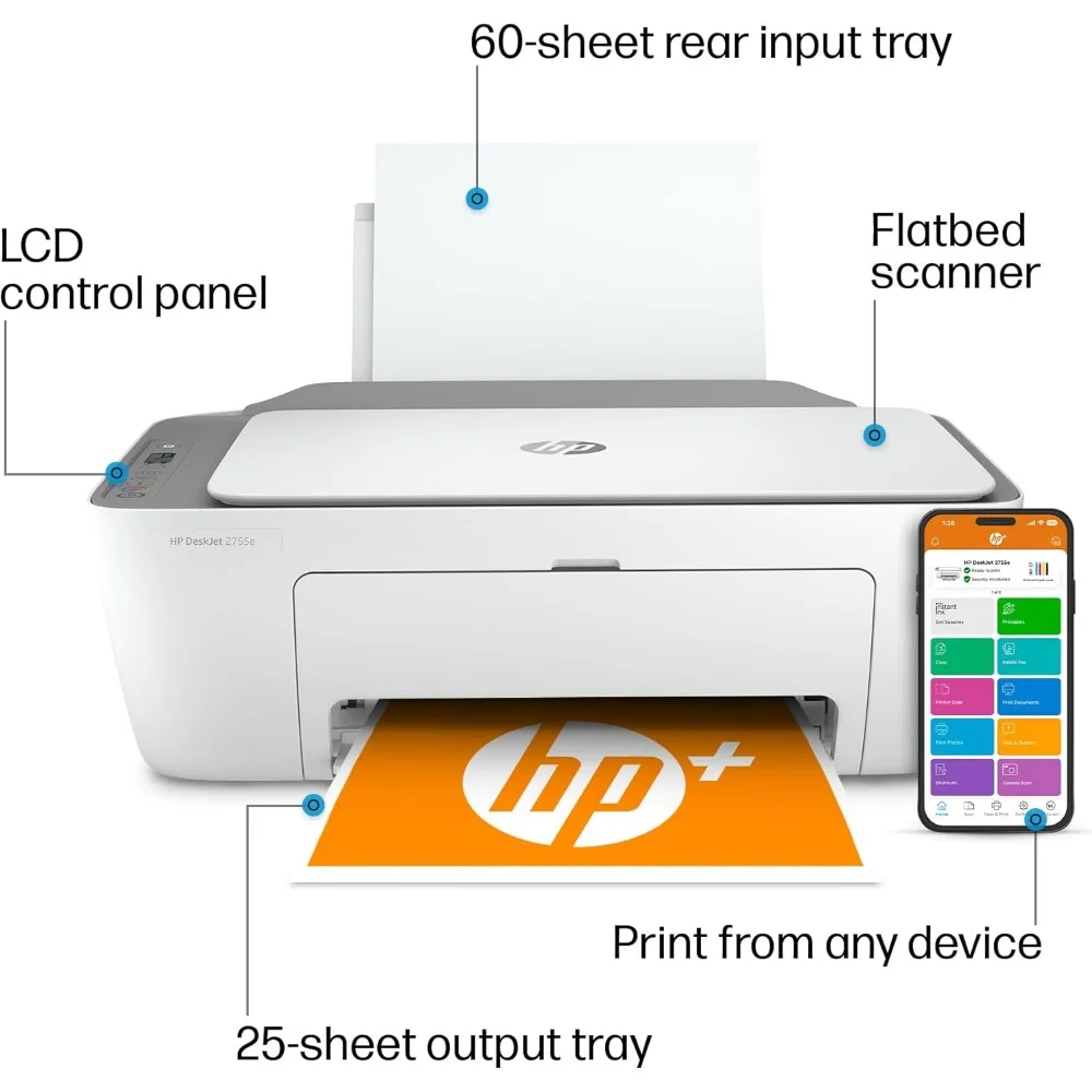 Deskjet 2755e Draadloze Kleureninkjet-Printer, Afdrukken, Scannen, Kopiëren, Eenvoudige Installatie, Mobiel Afdrukken, Beste Voor Thuis