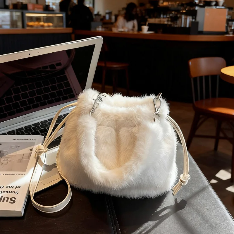 

Urban Minimalist Women's Bucket Handbag Crossbody Fur Handbag Soft Synthetic Leather Lining Double Strap Drawstring Closure