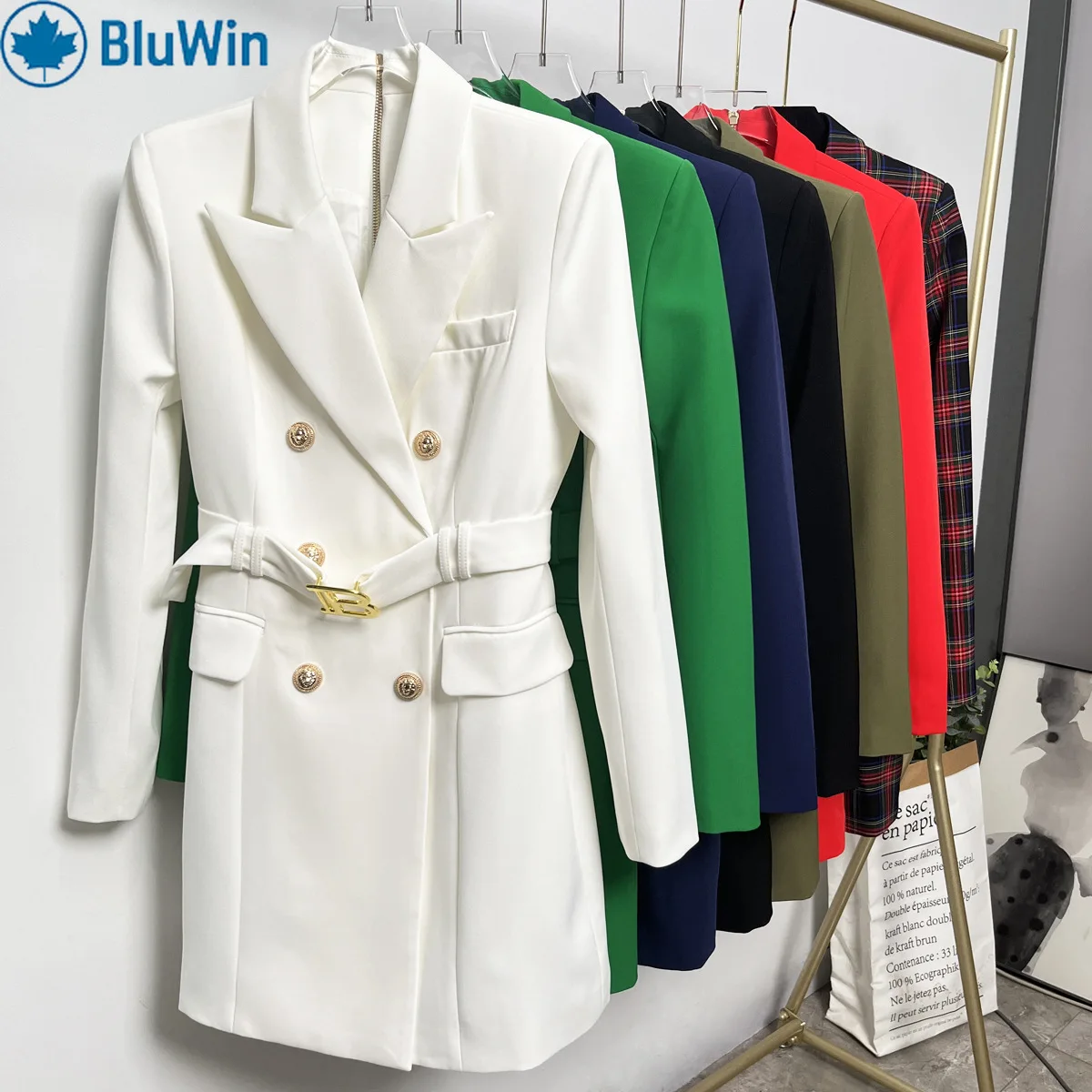 BluWin 11 ألوان 2025 ربيع الخريف موضة الصلبة حزام كم طويل سليم صالح أنيق مكتب فستان بتصميم بدلة المرأة #4