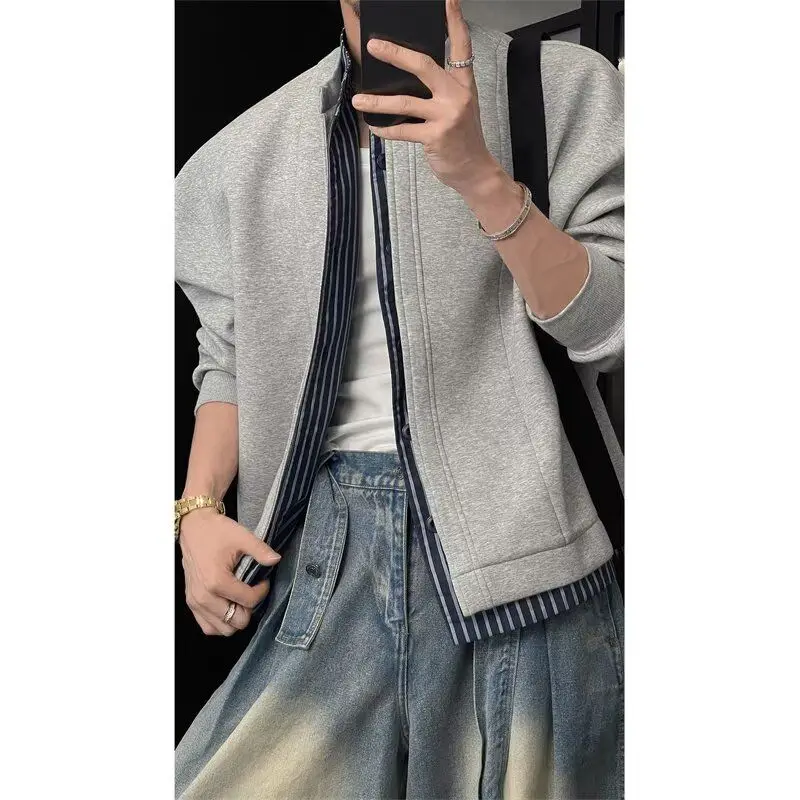 

Американский ретро-полосатый искусственный двухсекционный открытый кардиган, толстовка с универсальным дизайном на весну и осень, топ для ленивой пары