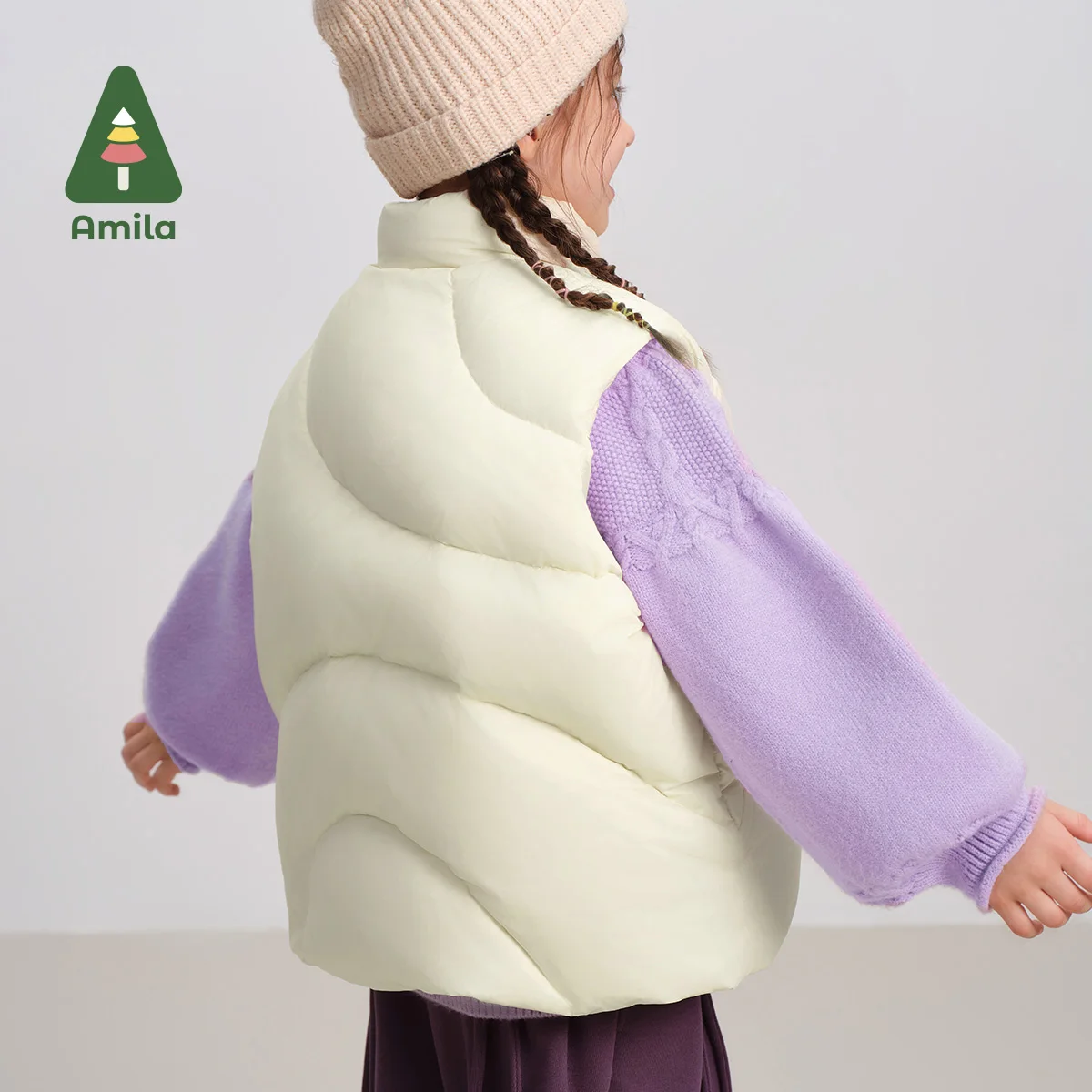 Amila Baby Vest 2024 Winter New Style Girls Solid White Duck Down Warm Soft And Skin-Friendly Loose Casual Children's Jacket