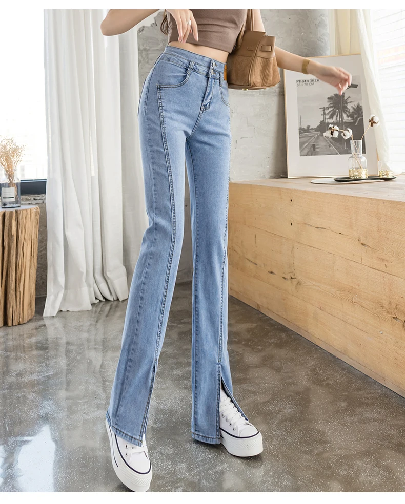 2024 elastic split jeans women\'s autumn plus size chubby MM high waist slimming wide leg micro flared pants sub trend