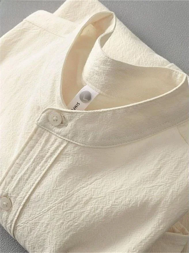 

Men's Cotton Linen Shirt Long Sleeve Stand Collar Short Sleeve round Neck Five Sleeve T-Shirt Textured Sensation Top