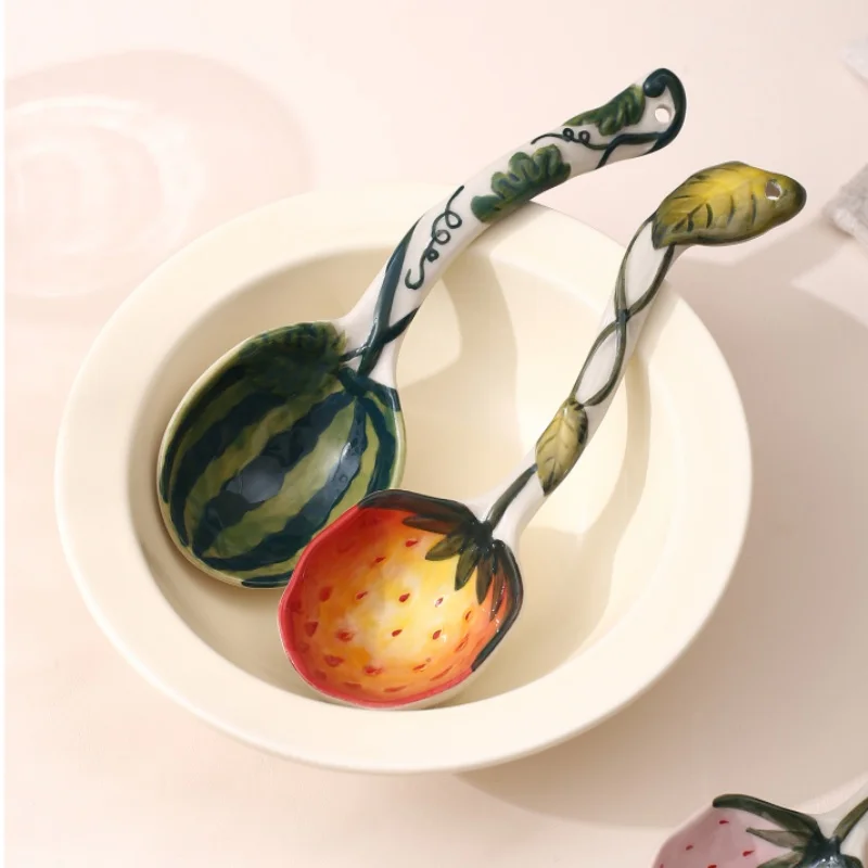 Cartoon Ceramic Spoon Long Handle Cute Fruit Panda Pattern Kid Eating Korean Household Dessert Tableware Soup Ladledessert spoon