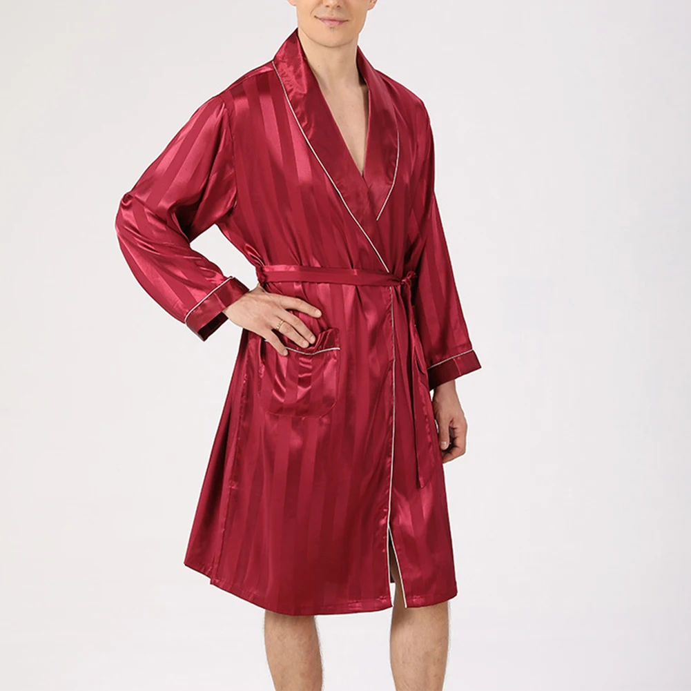 Mens Summer Emulation Silk Bathrobe Long Sleeve Lightweight Baggy Nightgown V-neck Nightwear With Convenient Pockets