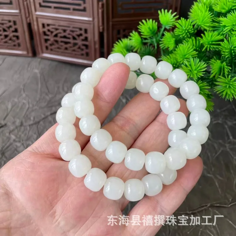 Natural Hetian Russian Vintage-Style Men And Women, White Jade Bead Bracelet, Single-St