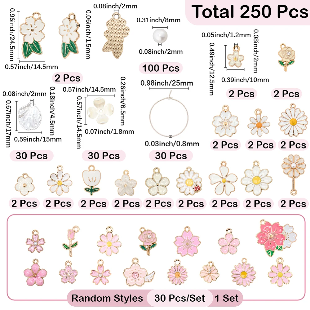 1 Box 30 Sets 250pcs Wine Charms Kit Flower Wine Charms Alloy Enamel Spring Flowers Floral Blossom Spring Theme Drink Glass