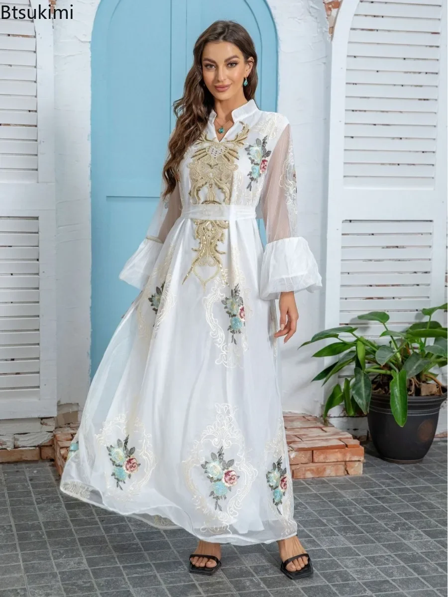 

2025 Elegant Women Evening Dresses Muslim Maxi Dress White Abaya Luxury Sequined Embroidery Design Party Vestidos Dubai Kaftan