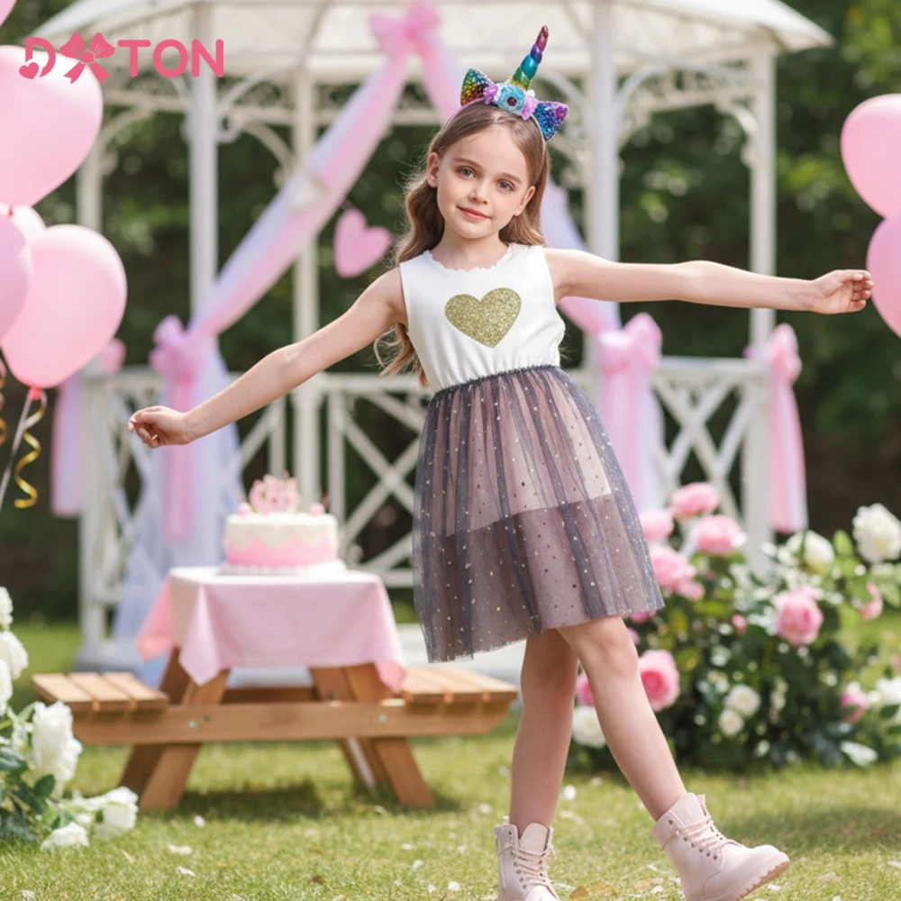 

DXTON Summer Kids Dresses Knitting Children Sleeveless Dress Heart Sequined Baby Girls Outdoor Vacation Costume Elastic Clothing