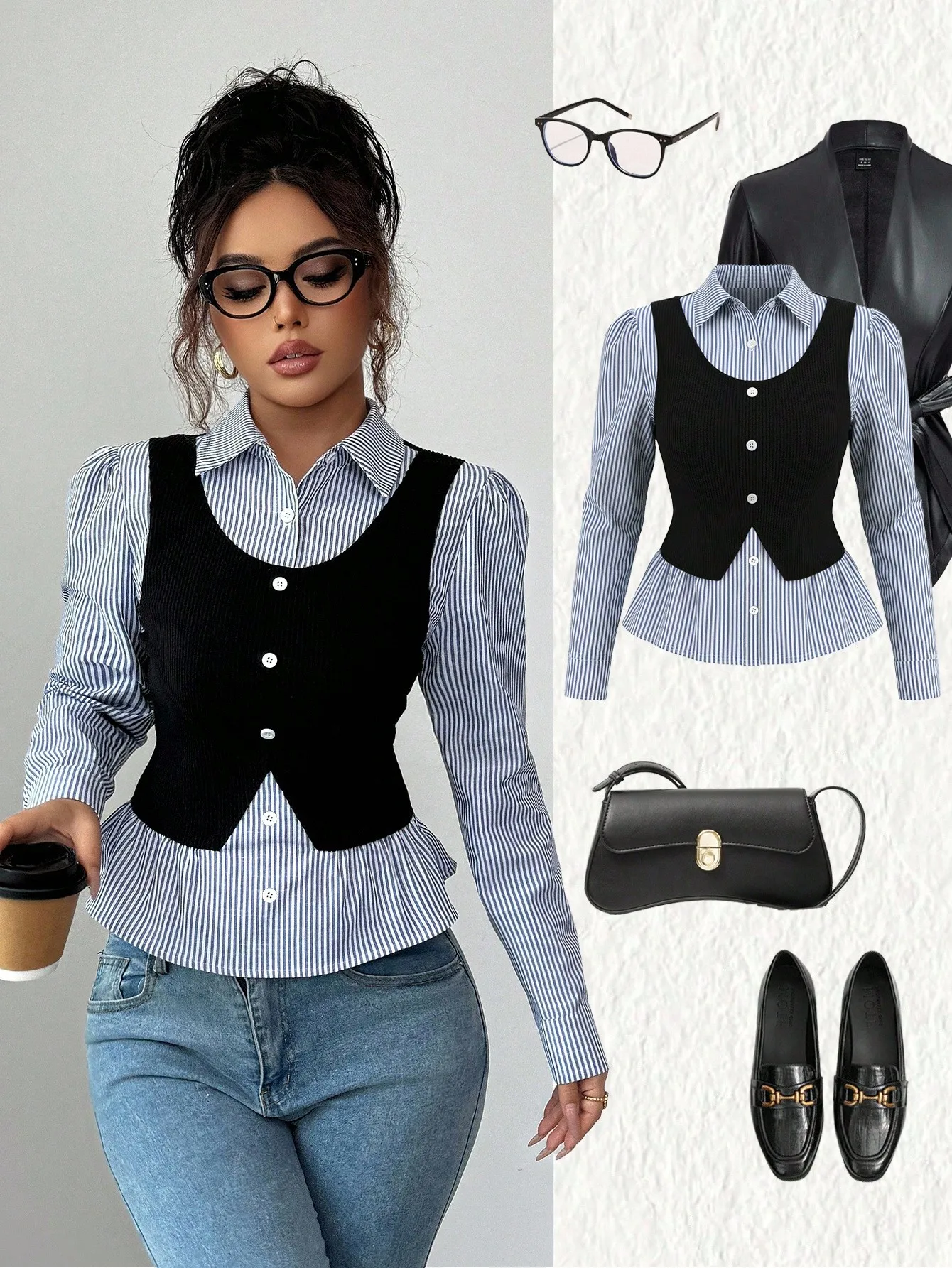 

Женский топ-жилет в рубчик с пуговицами спереди и оборкой, в стиле многослойной рубашки в полоску