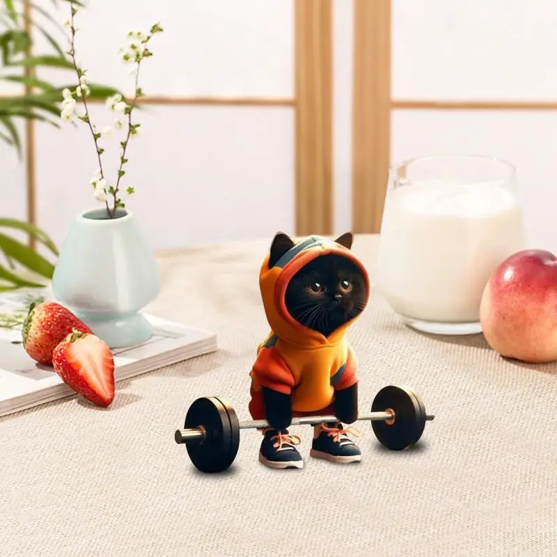 Anime Fitness Cat Figurine Sculpture Modern Office Home Decor Ornaments Cute Barbell Black Cat Statue Collectible Creative Gifts