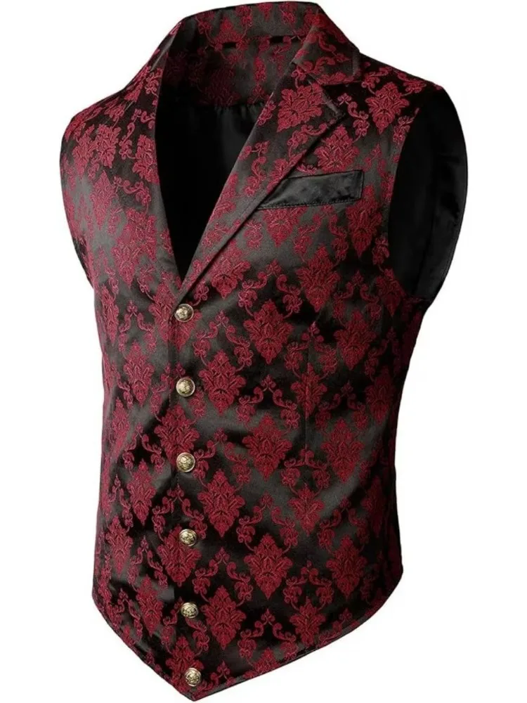 Men Vintage Jacquard Suit Vest Steampunk Gothic Single Breasted Waistcoat Formal Business Wedding Sleeveless Jacket Dress Gilet