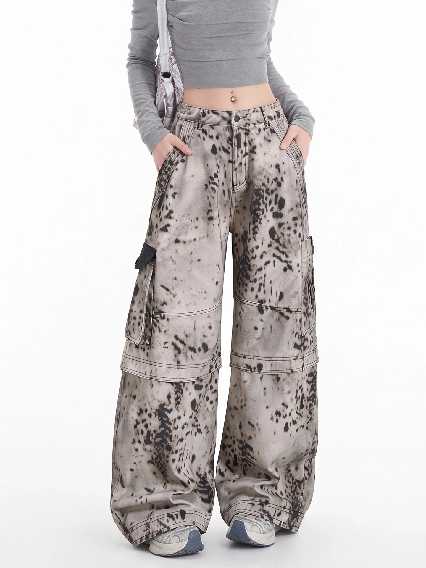 Loose Straight Leg Wide Leg Pants Women's Casual Long Trousers Design Sense Knife  Pants American Workwear Style Leopard ...