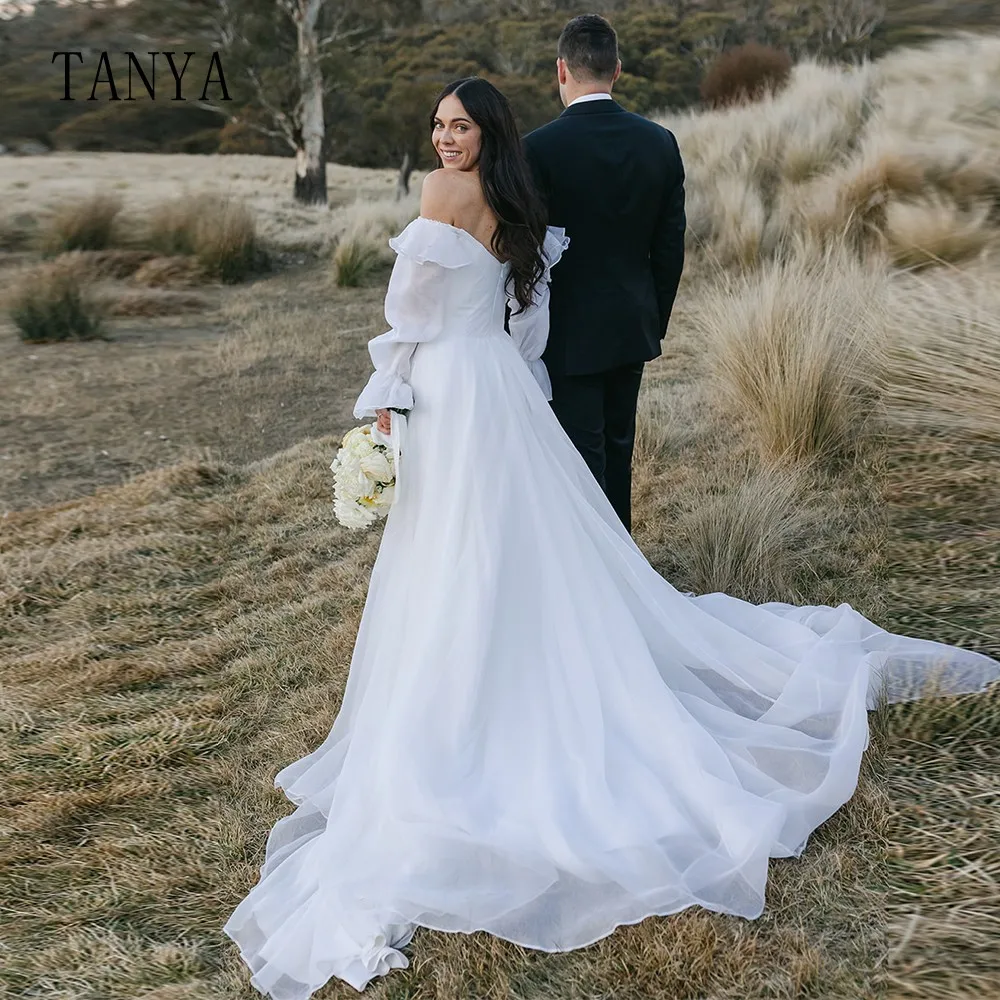 Robe de Mariée Élégante en Organza à Col Bateau, Manches sulf, Ligne A, avec Traîne de Balayage, pour Patients Simples, TSWDpara