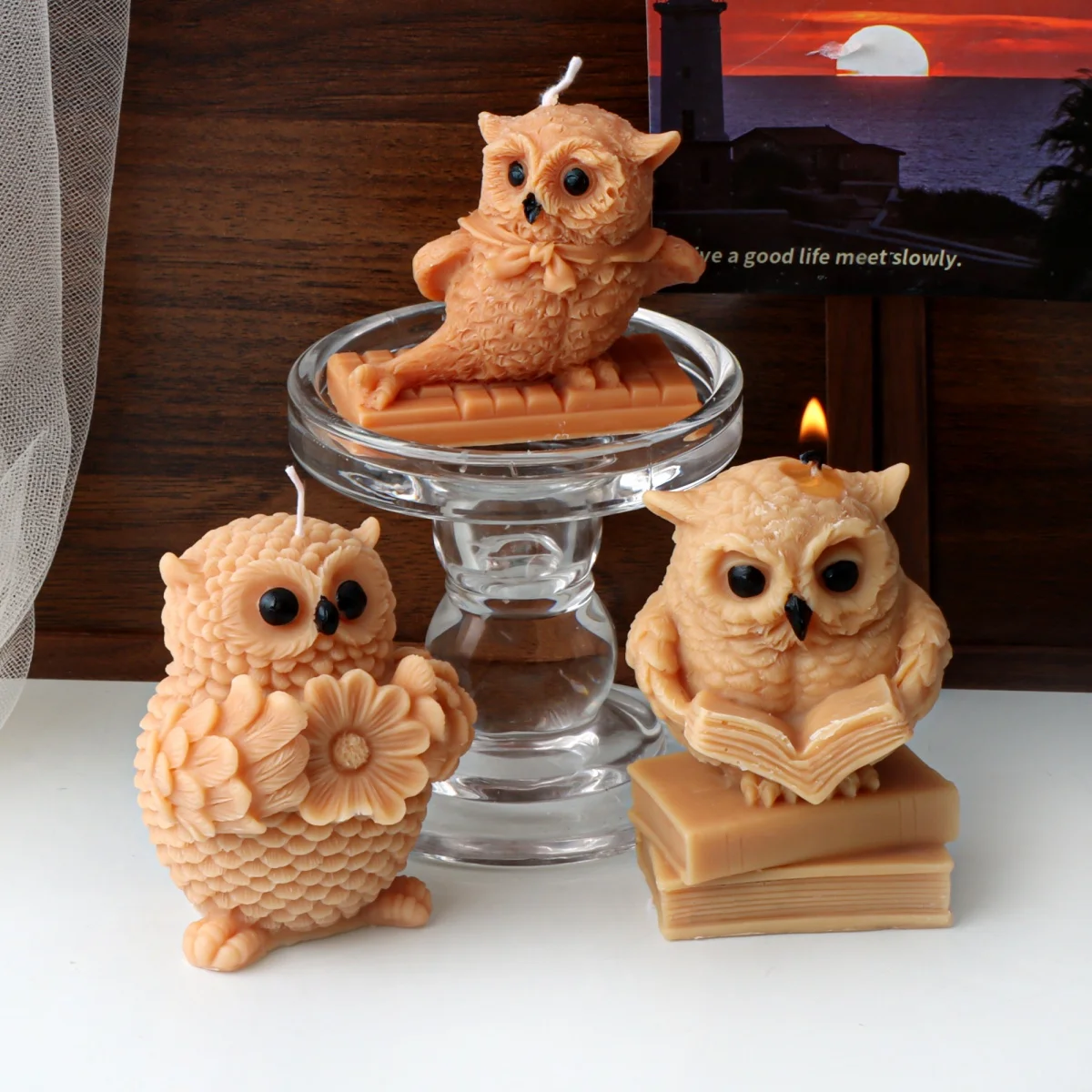 Molde de vela de Animal de búho de lectura 3D, bonito teclado, flor, búho, molde de silicona para decoración de pasteles, molde de cera de yeso de aromaterapia DIY
