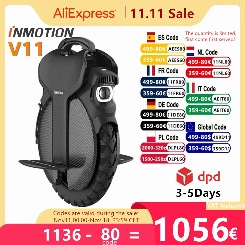 EU Stock Inmotion V11 Electric Unicycle 2200W Motor 50KM/H Speed 120KM Max Speed Self Balance Scooter Build-in Handle Monowheel