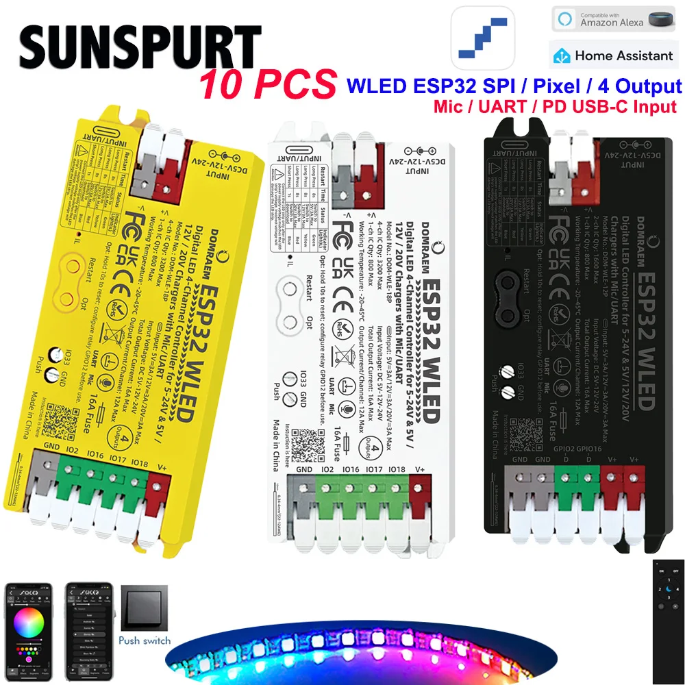 

Контроллер DOMRAEM ESP32 WLED с микрофоном для реагирования на звук, 4 выхода, предохранитель 16А, PD 5В/12В/20В, DC 5-24В для пиксельных лент WS281X SK6812 APA102