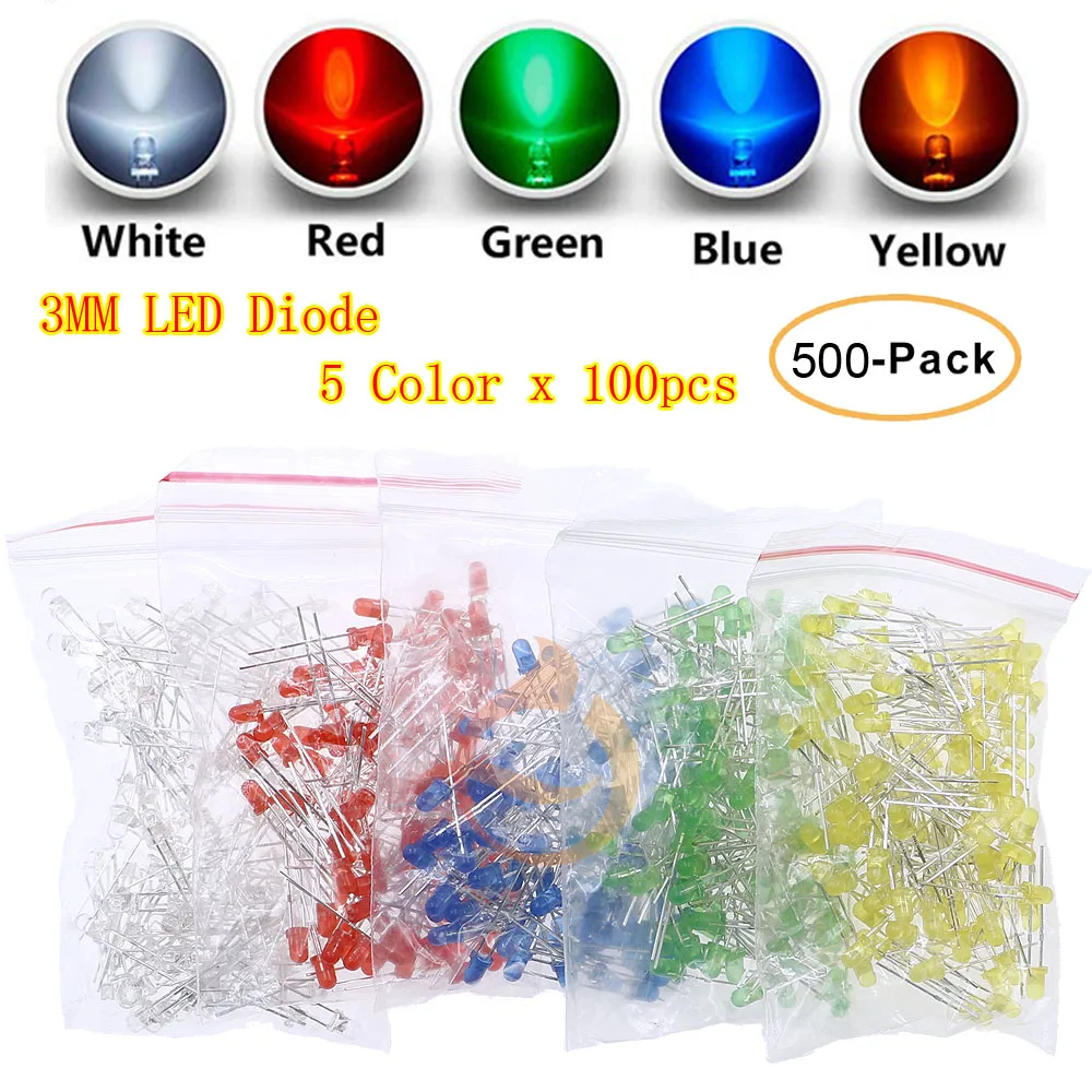 500pcs mix 5 colors 3mm 5mm LED Diode Kit White Green Red Blue Yellow Straw Hat Light Emitting LED