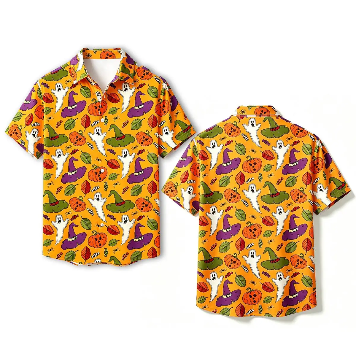 Men's Halloween Party Casual Cotton Shirt Fashion Classic Lapel Button Down Tops Pumpkin Ghost Print Festival Costume Streetwear