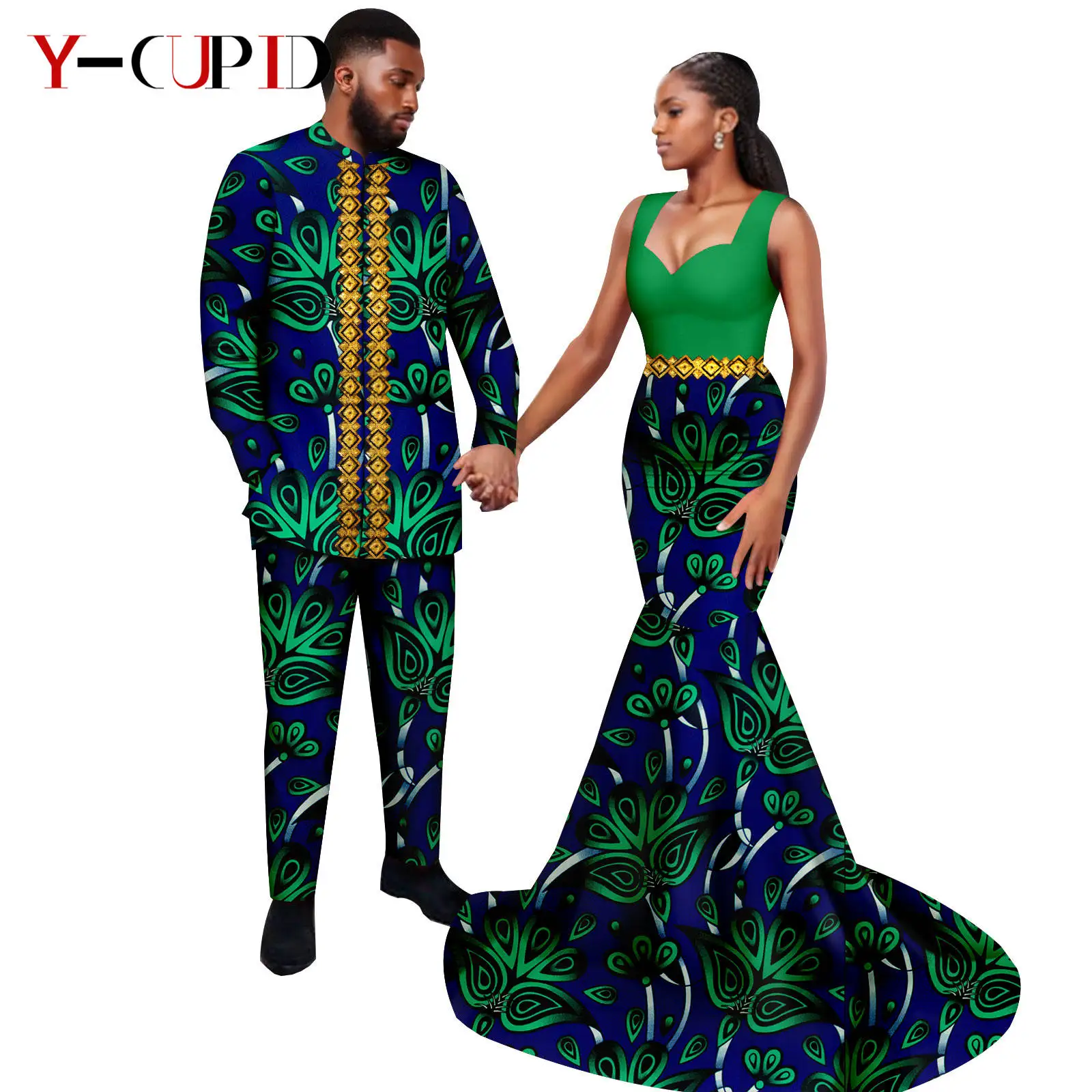 

African Print Long Mermaid Dresses for Women Matching Couple Clothes Dashiki Men Outfits Appliques Top and Pant Sets 24C083