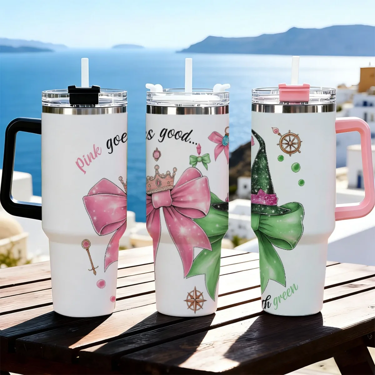 Pink Green Bow Witch Hat Crown Compass Print 40oz Insulated Tumbler Stainless Steel Travel Cup With Color Handle Straw Lid