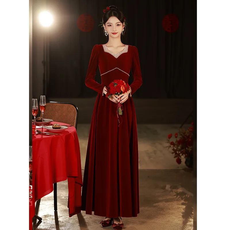 

Burgundy Bride Toast Clothes Autumn Long Sleeve Velvet Engagement Dress Plus Size Elegant Style Cheongsam Wedding Party Dresses