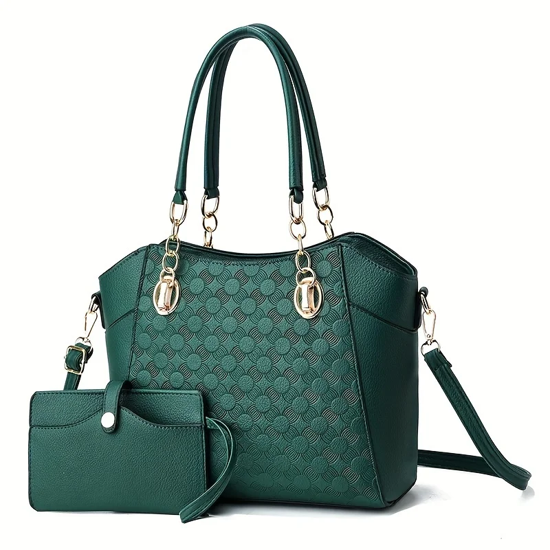 

Women's Classic Tote Bag Set, Large Capacity Embossed Handbag With Wallet, PU Leather Chain Detail Versatile Shoulder Bag With R